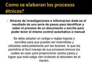  Atraves de investigaciones e informacion dada es el
resultado de una serie de pasos para identificar y
saber el proceso de un documento u escrito para
poder tener el mismo control automatico o manual
Se debe adoptar un codigo o reglas logicas y
sencillas para que puedan ser entendidas y
utilizadas adecuadamente por los lectores lo que les
permitiria el facil manejo de sus procesos tenicos los
cuales se usan para proporcionar siertos pasos y
lograr que todo salga vien evitando el desorden de el
equipo.
 