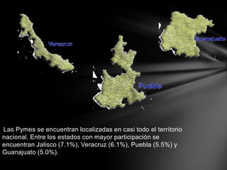 Las Pymes se encuentran localizadas en casi todo el territorio
nacional. Entre los estados con mayor participación se
encuentran Jalisco (7.1%), Veracruz (6.1%), Puebla (5.5%) y
Guanajuato (5.0%).
 