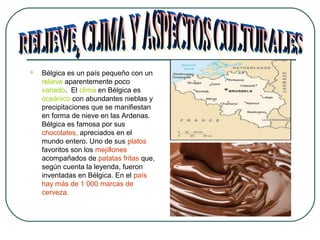  Bélgica es un país pequeño con un
relieve aparentemente poco
variado. El clima en Bélgica es
oceánico con abundantes nieblas y
precipitaciones que se manifiestan
en forma de nieve en las Ardenas.
Bélgica es famosa por sus
chocolates, apreciados en el
mundo entero. Uno de sus platos
favoritos son los mejillones
acompañados de patatas fritas que,
según cuenta la leyenda, fueron
inventadas en Bélgica. En el país
hay más de 1 000 marcas de
cerveza.
 