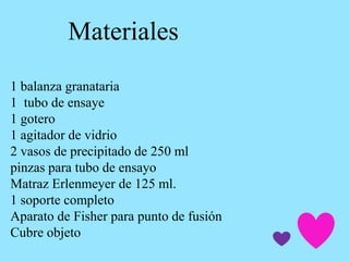 1 balanza granataria
1 tubo de ensaye
1 gotero
1 agitador de vidrio
2 vasos de precipitado de 250 ml
pinzas para tubo de ensayo
Matraz Erlenmeyer de 125 ml.
1 soporte completo
Aparato de Fisher para punto de fusión
Cubre objeto
Materiales
 
