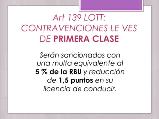 Art 139 LOTT:
CONTRAVENCIONES LE VES
DE PRIMERA CLASE
Serán sancionados con
una multa equivalente al
5 % de la RBU y reducción
de 1,5 puntos en su
licencia de conducir.
 