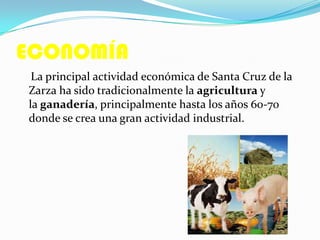 ECONOMÍA
La principal actividad económica de Santa Cruz de la
Zarza ha sido tradicionalmente la agricultura y
la ganadería, principalmente hasta los años 60-70
donde se crea una gran actividad industrial.
 