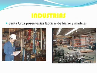 INDUSTRIAS
 Santa Cruz posee varias fábricas de hierro y madera.
 