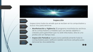 Tipos
Inspección
Funciones
Los 4
mejores
¿Qué es?
Inspección
Inspecciona todos los emails que se reciben en la computadora y
busca virus para remover.
• Monitorización y Vigilancia: El programa monitoriza los archivos
de la computadora a medida que van siendo abiertos o
creados para garantizar que no esté infectados. Esta es una
protección en tiempo real.
• Inspección Periodica: Inspecciona periódicamente toda la
computadora para verificar si existen archivos corruptos para
remover los virus existentes.
 