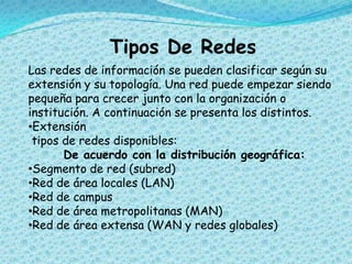 Tipos De Redes.
Las redes de información se pueden clasificar según su
extensión y su topología. Una red puede empezar siendo
pequeña para crecer junto con la organización o
institución. A continuación se presenta los distintos.
•Extensión
tipos de redes disponibles:
De acuerdo con la distribución geográfica:
•Segmento de red (subred)
•Red de área locales (LAN)
•Red de campus
•Red de área metropolitanas (MAN)
•Red de área extensa (WAN y redes globales)
 