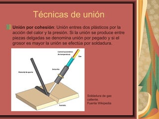 Técnicas de unión
Unión por cohesión: Unión entres dos plásticos por la
acción del calor y la presión. Si la unión se produce entre
piezas delgadas se denomina unión por pegado y si el
grosor es mayor la unión se efectúa por soldadura.
Soldadura de gas
caliente.
Fuente Wikipedia
 