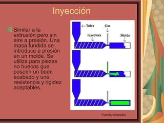 Inyección
Similar a la
extrusión pero sin
aire a presión. Una
masa fundida se
introduce a presión
en un molde. Se
utiliza para piezas
no huecas que
poseen un buen
acabado y una
resistencia y rigidez
aceptables.
Fuente wikipedia
 