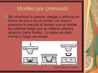 Moldeo por prensado
Se introduce la granza, cargas y aditivos en
forma de polvo en el molde. Un macho
presiona la mezcla al tiempo que el molde
se calienta hasta que la materia plástica
alcance cierta fluidez. La pieza se deja
enfriar y luego se extrae.
Hecha y editada por nosotros
 