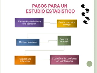 Plantear hipótesis sobre
una población
Decidir que datos
escoger
Recoger los datos
Describir
los datos
Realizar una
inferencia
Cuantificar la confianza
en la inferencia
 