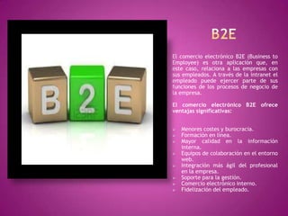 El comercio electrónico B2E (Business to
Employee) es otra aplicación que, en
este caso, relaciona a las empresas con
sus empleados. A través de la intranet el
empleado puede ejercer parte de sus
funciones de los procesos de negocio de
la empresa.
El comercio electrónico B2E ofrece
ventajas significativas:
 Menores costes y burocracia.
 Formación en línea.
 Mayor calidad en la información
interna.
 Equipos de colaboración en el entorno
web.
 Integración más ágil del profesional
en la empresa.
 Soporte para la gestión.
 Comercio electrónico interno.
 Fidelización del empleado.
 