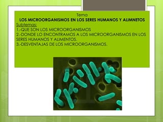 Tema
LOS MICROORGANISMOS EN LOS SERES HUMANOS Y ALIMNETOS
Subtemas:
1.-QUE SON LOS MICROORGANISMOS
2.-DONDE LO ENCONTRAMOS A LOS MICROORGANISMOS EN LOS
SERES HUMANOS Y ALIMENTOS.
3.-DESVENTAJAS DE LOS MICROORGANISMOS.
 