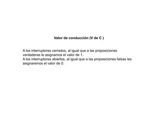 Valor de conducción (V de C )
A los interruptores cerrados, al igual que a las proposiciones
verdaderas le asignamos el valor de 1.
A los interruptores abiertos, al igual que a las proposiciones falsas les
asignaremos el valor de 0.
 