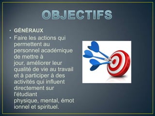 • GÉNÉRAUX
• Faire les actions qui
permettent au
personnel académique
de mettre à
jour, améliorer leur
qualité de vie au travail
et à participer à des
activités qui influent
directement sur
l'étudiant
physique, mental, émot
ionnel et spirituel.
 