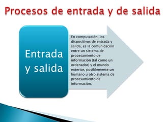 •En computación, los
dispositivos de entrada y
salida, es la comunicación
entre un sistema de
procesamiento de
información (tal como un
ordenador) y el mundo
exterior, posiblemente un
humano u otro sistema de
procesamiento de
información.
Entrada
y salida
 