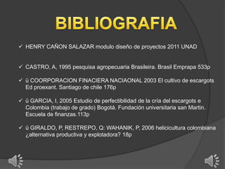 HENRY CAÑON SALAZAR modulo diseño de proyectos 2011 UNAD
 CASTRO, A, 1995 pesquisa agropecuaria Brasileira. Brasil Emprapa 533p
 ü COORPORACION FINACIERA NACIAONAL 2003 El cultivo de escargots
Ed proexant. Santiago de chile 176p
 ü GARCIA, I, 2005 Estudio de perfectibilidad de la cría del escargots e
Colombia (trabajo de grado) Bogotá. Fundación universitaria san Martin.
Escuela de finanzas.113p
 ü GIRALDO, P, RESTREPO, Q: WAHANIK, P, 2006 helicicultura colombiana
¿alternativa productiva y explotadora? 18p
 