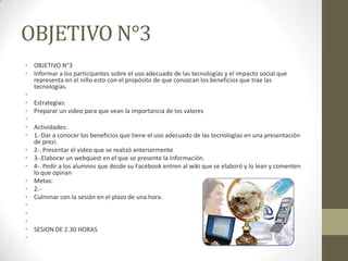 OBJETIVO N°3
• OBJETIVO N°3
• Informar a los participantes sobre el uso adecuado de las tecnologías y el impacto social que
representa en el niño esto con el propósito de que conozcan los beneficios que trae las
tecnologías.
•
• Estrategias:
• Preparar un video para que vean la importancia de los valores
•
• Actividades:
• 1.-Dar a conocer los beneficios que tiene el uso adecuado de las tecnologías en una presentación
de prezi.
• 2-. Presentar el video que se realizó anteriormente
• 3-.Elaborar un webquest en el que se presente la información.
• 4-. Pedir a los alumnos que desde su Facebook entren al wiki que se elaboró y lo lean y comenten
lo que opinan
• Metas:
• 2.-
• Culminar con la sesión en el plazo de una hora.
•
•
•
• SESION DE 2.30 HORAS
•
 