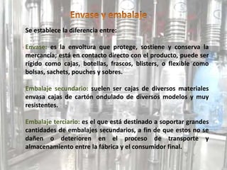 Se establece la diferencia entre:
Envase: es la envoltura que protege, sostiene y conserva la
mercancía; está en contacto directo con el producto, puede ser
rígido como cajas, botellas, frascos, blisters, o flexible como
bolsas, sachets, pouches y sobres.
Embalaje secundario: suelen ser cajas de diversos materiales
envasa cajas de cartón ondulado de diversos modelos y muy
resistentes.
Embalaje terciario: es el que está destinado a soportar grandes
cantidades de embalajes secundarios, a fin de que estos no se
dañen o deterioren en el proceso de transporte y
almacenamiento entre la fábrica y el consumidor final.
 