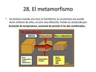 28. El metamorfismo
• Se produce cuando una roca se transforma, es un proceso que puede
durar millones de años, en otra roca diferente. Puede ser producida por:
Aumento de temperatura, aumento de presión ó las dos combinadas.
 