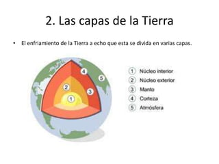 2. Las capas de la Tierra
• El enfriamiento de la Tierra a echo que esta se divida en varias capas.
 