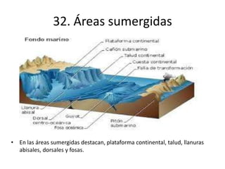 32. Áreas sumergidas
• En las áreas sumergidas destacan, plataforma continental, talud, llanuras
abisales, dorsales y fosas.
 