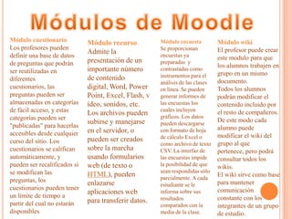 Módulo cuestionario
Los profesores pueden
definir una base de datos
de preguntas que podrán
ser reutilizadas en
diferentes
cuestionarios, las
preguntas pueden ser
almacenadas en categorías
de fácil acceso, y estas
categorías pueden ser
"publicadas" para hacerlas
accesibles desde cualquier
curso del sitio. Los
cuestionarios se califican
automáticamente, y
pueden ser recalificados si
se modifican las
preguntas, los
cuestionarios pueden tener
un límite de tiempo a
partir del cual no estarán
disponibles
Módulo recurso
Admite la
presentación de un
importante número
de contenido
digital, Word, Power
Point, Excel, Flash, v
ídeo, sonidos, etc.
Los archivos pueden
subirse y manejarse
en el servidor, o
pueden ser creados
sobre la marcha
usando formularios
web (de texto o
HTML), pueden
enlazarse
aplicaciones web
para transferir datos.
Módulo encuesta
Se proporcionan
encuestas ya
preparadas y
contrastadas como
instrumentos para el
análisis de las clases
en línea. Se pueden
generar informes de
las encuestas los
cuales incluyen
gráficos. Los datos
pueden descargarse
con formato de hoja
de cálculo Excel o
como archivo de texto
CSV. La interfaz de
las encuestas impide
la posibilidad de que
sean respondidas sólo
parcialmente. A cada
estudiante se le
informa sobre sus
resultados
comparados con la
media de la clase.
Módulo wiki
El profesor puede crear
este modulo para que
los alumnos trabajen en
grupo en un mismo
documento.
Todos los alumnos
podrán modificar el
contenido incluido por
el resto de compañeros.
De este modo cada
alumno puede
modificar el wiki del
grupo al que
pertenece, pero podrá
consultar todos los
wikis.
El wiki sirve como base
para mantener
comunicación
constante con los
integrantes de un grupo
de estudio.
 