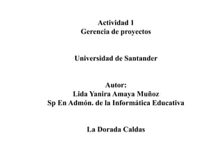 Actividad 1
Gerencia de proyectos
Universidad de Santander
Autor:
Lida Yanira Amaya Muñoz
Sp En Admón. de la Informática Educativa
La Dorada Caldas
 