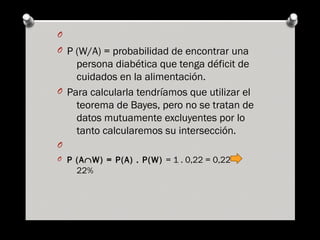 O
O P (W/A) = probabilidad de encontrar una
persona diabética que tenga déficit de
cuidados en la alimentación.
O Para calcularla tendríamos que utilizar el
teorema de Bayes, pero no se tratan de
datos mutuamente excluyentes por lo
tanto calcularemos su intersección.
O
O P (A∩W) = P(A) . P(W) = 1 . 0,22 = 0,22
22%
 