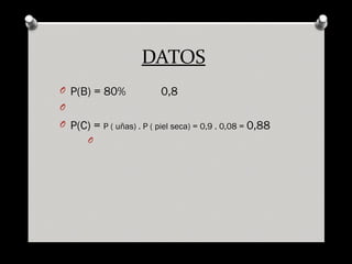 DATOS
O P(B) = 80% 0,8
O
O P(C) = P ( uñas) . P ( piel seca) = 0,9 . 0,08 = 0,88
O
 