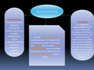Que es una red social
es una estructura social
compuesta por un conjunto de
actores que están conectados
por díadas denominadas lazos
interpersonales, que se pueden
interpretar como relaciones de
amistad, parentesco, entre
otros.
Características
Compañía social.
●Apoyo
emocional.
● Guía cognitiva y
consejos.
● Regulación
social.
●Ayuda material
y servicios.
●Acceso a
nuevos
contactos.
Funciones
Los medios de
comunicación tienen
una función social
recogida en el Derecho
de la Información. Son
el garante de la
democracia en nuestro
país, pues se establece
que son los encargados
de informar de manera
objetiva a los votantes
para que puedan ejercer
su voto con total
libertad.
 