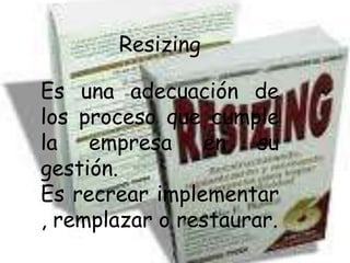Resizing
Es una adecuación de
los proceso que cumple
la empresa en su
gestión.
Es recrear implementar
, remplazar o restaurar.
 