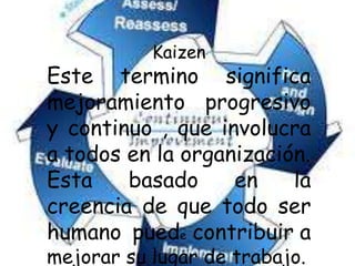 Kaizen
Este termino significa
mejoramiento progresivo
y continuo , que involucra
a todos en la organización.
Esta basado en la
creencia de que todo ser
humano puede contribuir a
mejorar su lugar de trabajo.
 