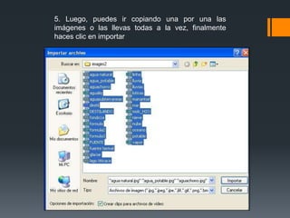 5. Luego, puedes ir copiando una por una las
imágenes o las llevas todas a la vez, finalmente
haces clic en importar
 