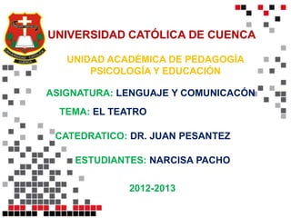 2012-2013
UNIVERSIDAD CATÓLICA DE CUENCA
UNIDAD ACADÉMICA DE PEDAGOGÍA
PSICOLOGÍA Y EDUCACIÓN
ASIGNATURA: LENGUAJE Y COMUNICACÓN
CATEDRATICO: DR. JUAN PESANTEZ
ESTUDIANTES: NARCISA PACHO
2012-2013
TEMA: EL TEATRO
 