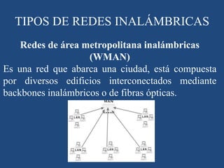 Redes de área metropolitana inalámbricas
(WMAN)
Es una red que abarca una ciudad, está compuesta
por diversos edificios interconectados mediante
backbones inalámbricos o de fibras ópticas.
TIPOS DE REDES INALÁMBRICAS
 