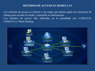 MÉTODOS DE ACCESO EN REDES LAN
Los métodos de acceso se refieren a las reglas que deben seguir las estaciones de
trabajo para acceder al medio y transmitir su información
Los métodos de acceso más utilizados en la actualidad son: CSMA/CD,
CSMA/CA y Token Passing.
 