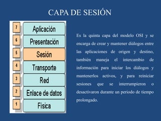 CAPA DE SESIÓN
Es la quinta capa del modelo OSI y se
encarga de crear y mantener diálogos entre
las aplicaciones de origen y destino,
también maneja el intercambio de
información para iniciar los diálogos y
mantenerlos activos, y para reiniciar
sesiones que se interrumpieron o
desactivaron durante un periodo de tiempo
prolongado.
 