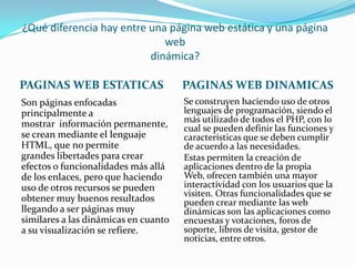¿Qué diferencia hay entre una página web estática y una página
web
dinámica?
PAGINAS WEB ESTATICAS PAGINAS WEB DINAMICAS
Son páginas enfocadas
principalmente a
mostrar información permanente,
se crean mediante el lenguaje
HTML, que no permite
grandes libertades para crear
efectos o funcionalidades más allá
de los enlaces, pero que haciendo
uso de otros recursos se pueden
obtener muy buenos resultados
llegando a ser páginas muy
similares a las dinámicas en cuanto
a su visualización se refiere.
Se construyen haciendo uso de otros
lenguajes de programación, siendo el
más utilizado de todos el PHP, con lo
cual se pueden definir las funciones y
características que se deben cumplir
de acuerdo a las necesidades.
Estas permiten la creación de
aplicaciones dentro de la propia
Web, ofrecen también una mayor
interactividad con los usuarios que la
visiten. Otras funcionalidades que se
pueden crear mediante las web
dinámicas son las aplicaciones como
encuestas y votaciones, foros de
soporte, libros de visita, gestor de
noticias, entre otros.
 