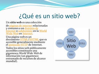 ¿Qué es un sitio web?
Un sitio web es una colección
de páginas de internet relacionadas
y comunes a un dominio de
Internet o subdominio en la World
Wide Web en Internet.
Una página web es un
documento HTML/XHTML que es
accesible generalmente mediante
el protocolo HTTP de Internet.
Todos los sitios web públicamente
accesibles constituyen una
gigantesca World Wide Web de
información (un gigantesco
entramado de recursos de alcance
mundial).
 