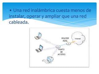 • Una red inalámbrica cuesta menos de
instalar, operar y ampliar que una red
cableada.
 
