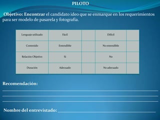 PILOTO
Objetivo: Encontrar el candidato ideo que se enmarque en los requerimientos
para ser modelo de pasarela y fotografía.
Recomendación:
______________________________________________________________________
______________________________________________________________________
______________________________________________________________________
Nombre del entrevistado: ____________________________________________
Lenguaje utilizado Fácil Difícil
Contenido Entendible No entendible
Relación Objetivo Si No
Duración Adecuado No adecuado
 