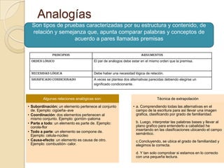 Analogías
Son tipos de pruebas caracterizadas por su estructura y contenido, de
relación y semejanza que, apunta comparar palabras y conceptos de
acuerdo a pares llamadas premisas
Algunas relaciones analógicas son:
• Subordinación: un elemento pertenece al conjunto
de. Ejemplo: cigüeña–ave
• Coordinación: dos elementos pertenecen al
mismo conjunto. Ejemplo: gorrión–paloma
• Parte a todo: un elemento es parte de. Ejemplo:
corola-flor
• Todo a parte: un elemento se compone de.
Ejemplo: célula-núcleo
• Causa-efecto: un elemento es causa de otro.
Ejemplo: combustión- calor.
Técnica de extrapolación
• a. Comprendiendo todas las alternativas en el
campo de la escritura para así llevar una imagen
grafica, clasificando por grado de familiaridad.
b. Luego, interpretar las palabras bases y llevar al
plano grafico para entenderlo a cabalidad he
insertando en las clasificaciones ubicando el campo
semántico.
c.Concluyendo, se ubica el grado de familiaridad y
elegimos la correcta.
d. Y tan solo comprobar si estamos en lo correcto
con una pequeña lectura.
Principios Argumentos
Orden lógico El par de análogos debe estar en el mismo orden que la premisa.
Necesidad lógica Debe haber una necesidad lógica de relación.
Significado condicionado A veces se plantea dos alternativas parecidas debiendo elegirse un
significado condicionante.
 