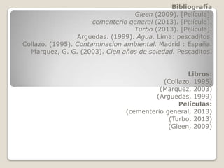 Bibliografía
Gleen (2009). [Película].
cementerio general (2013). [Película].
Turbo (2013). [Película].
Arguedas. (1999). Agua. Lima: pescaditos.
Collazo. (1995). Contaminacion ambiental. Madrid : España.
Marquez, G. G. (2003). Cien años de soledad. Pescaditos.
Libros:
(Collazo, 1995)
(Marquez, 2003)
(Arguedas, 1999)
Películas:
(cementerio general, 2013)
(Turbo, 2013)
(Gleen, 2009)
 