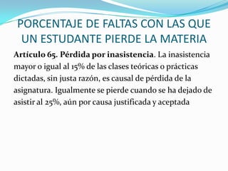 PORCENTAJE DE FALTAS CON LAS QUE
UN ESTUDANTE PIERDE LA MATERIA
Artículo 65. Pérdida por inasistencia. La inasistencia
mayor o igual al 15% de las clases teóricas o prácticas
dictadas, sin justa razón, es causal de pérdida de la
asignatura. Igualmente se pierde cuando se ha dejado de
asistir al 25%, aún por causa justificada y aceptada
 