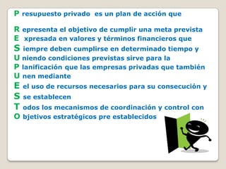 P resupuesto privado es un plan de acción que
R epresenta el objetivo de cumplir una meta prevista
E xpresada en valores y términos financieros que
S iempre deben cumplirse en determinado tiempo y
U niendo condiciones previstas sirve para la
P lanificación que las empresas privadas que también
U nen mediante
E el uso de recursos necesarios para su consecución y
S se establecen
T odos los mecanismos de coordinación y control con
O bjetivos estratégicos pre establecidos
 