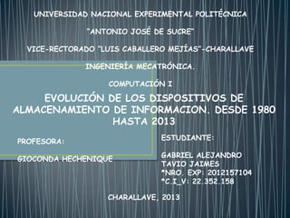 UNIVERSIDAD NACIONAL EXPERIMENTAL POLITÉCNICA
“ANTONIO JOSÉ DE SUCRE”
VICE-RECTORADO “LUIS CABALLERO MEJÍAS”-CHARALLAVE
INGENIERÍA MECATRÓNICA.
COMPUTACIÓN I
EVOLUCIÓN DE LOS DISPOSITIVOS DE
ALMACENAMIENTO DE INFORMACION. DESDE 1980
HASTA 2013
PROFESORA:
GIOCONDA HECHENIQUE
ESTUDIANTE:
GABRIEL ALEJANDRO
TAVIO JAIMES
*NRO. EXP: 2012157104
*C.I_V: 22.352.158
CHARALLAVE, 2013
 