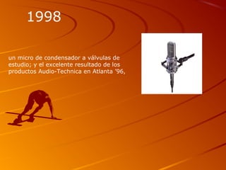 1998
un micro de condensador a válvulas de
estudio; y el excelente resultado de los
productos Audio-Technica en Atlanta ’96,
 