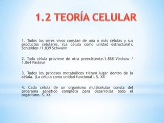 1. Todos los seres vivos constan de una o más células y sus
productos celulares. (La célula como unidad estructural).
Schleiden /1.839 Schwann
2. Toda célula proviene de otra preexistente.1.858 Virchow /
1.864 Pasteur
3. Todos los procesos metabólicos tienen lugar dentro de la
célula. (La célula como unidad funcional). S. XX
4. Cada célula de un organismo multicelular consta del
programa genético completo para desarrollar todo el
organismo. S. XX
 