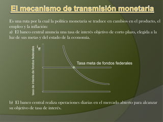 Es una ruta por la cual la política monetaria se traduce en cambios en el producto, el
empleo y la inflación:
a) El banco central anuncia una tasa de interés objetivo de corto plazo, elegida a la
luz de sus metas y del estado de la economía.
b) El banco central realiza operaciones diarias en el mercado abierto para alcanzar
su objetivo de tasa de interés.
i
ff
Tasa meta de fondos federales
tasadeinterésdefondosfederales
 