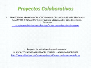 Proyectos Colaborativos
• PROYECTO COLABORATIVO “PRACTICAMOS VALORES MORALES PARA SENTIRNOS
MÁS ÚTILES Y HUMANOS” Autor: Guevara Vásquez, Adler Soria Crisóstomo,
Fernando
http://www.slideshare.net/fesocrys/proyecto-colaborativo-de-valores
• Proyecto de aula viviendo en valores Autor:
BLANCA CECILIAVARGAS RUEDADEILY YURLEY - ABAUNZA RODRIGUEZ
http://www.slideshare.net/inscomerciosedei/proyecto-de-aula-en-valores
 