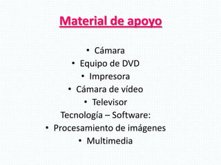 Material de apoyo
• Cámara
• Equipo de DVD
• Impresora
• Cámara de vídeo
• Televisor
Tecnología – Software:
• Procesamiento de imágenes
• Multimedia
 
